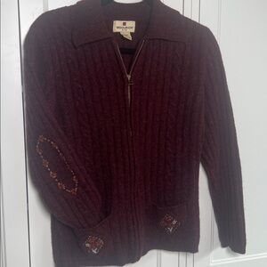 Vintage Women’s Woolrich Maroon Embroidered Zip Up Collared Sweater Cardigan